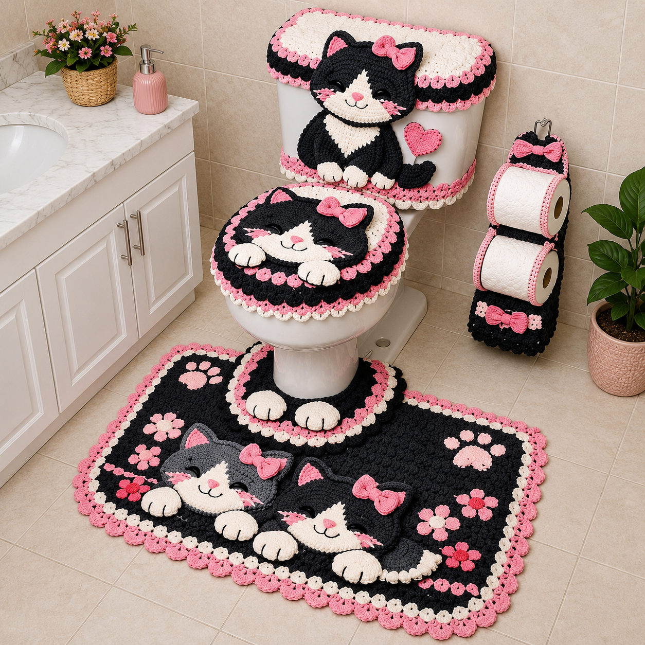 Jogo de banheiro em crochê com gatinho preto e branco de laço rosa no vaso sanitário, porta-papel e tapete com patinhas e flores