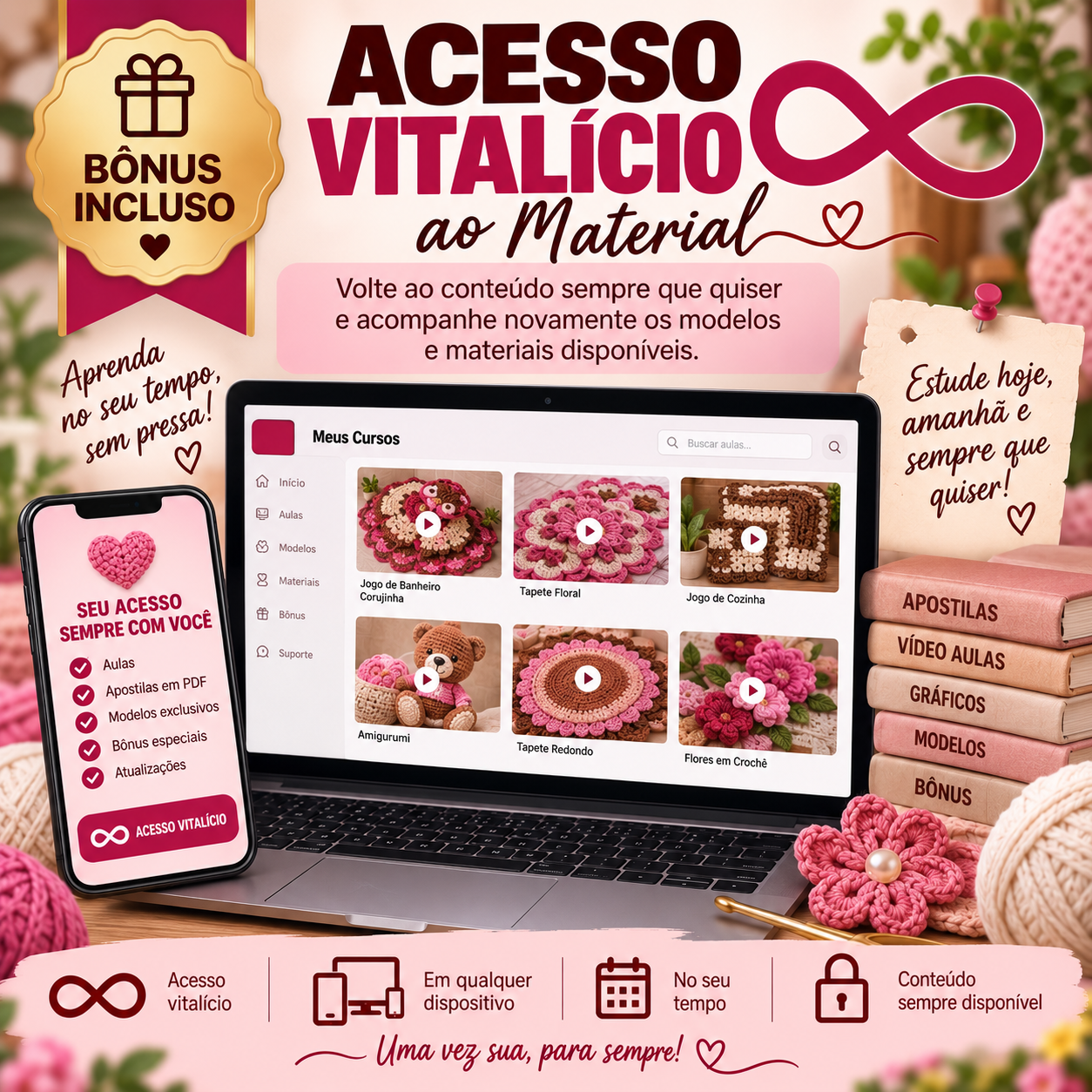 Mockup do bônus Acesso Vitalício ao Material mostrando os cursos em notebook e celular