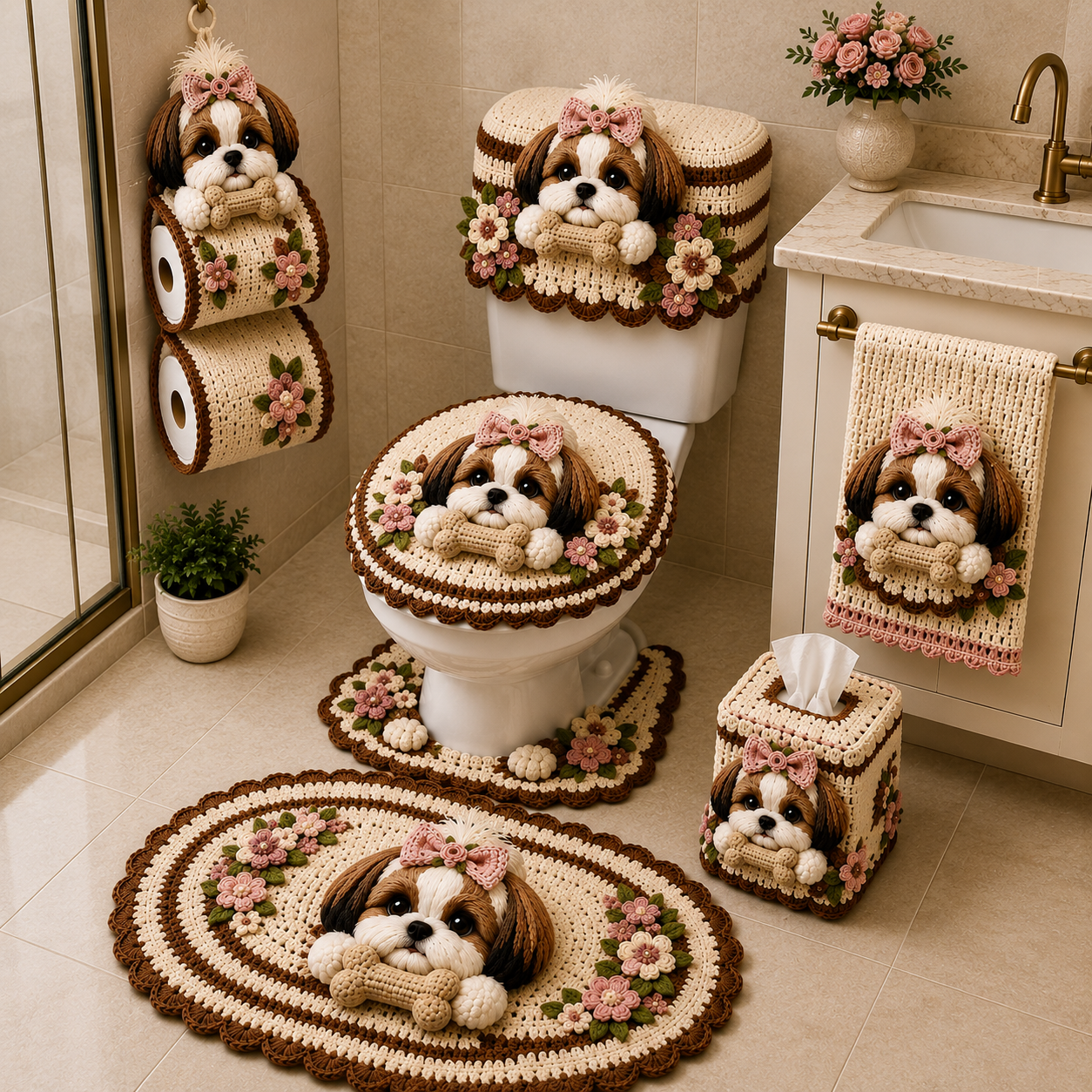 Jogo de banheiro em crochê com cachorrinho shih tzu, tapetes e porta-papel higiênico