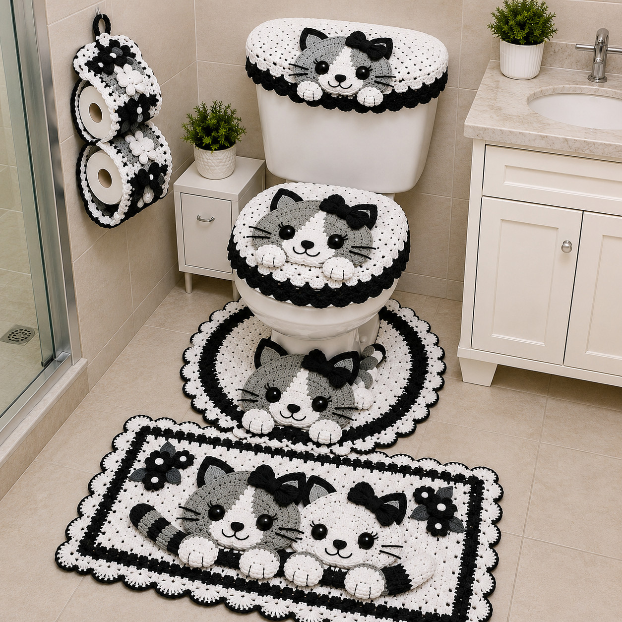 Jogo de banheiro em crochê com gatinhos preto e branco no vaso sanitário e tapetes