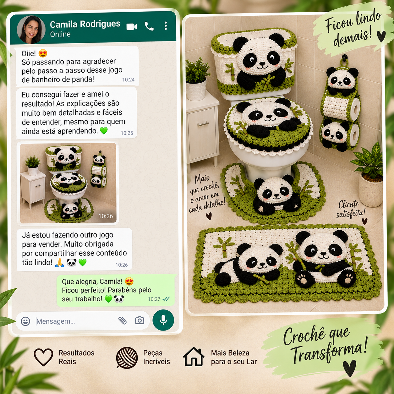 Depoimento da aluna Camila Rodrigues mostrando o jogo de banheiro em crochê de panda que ela criou