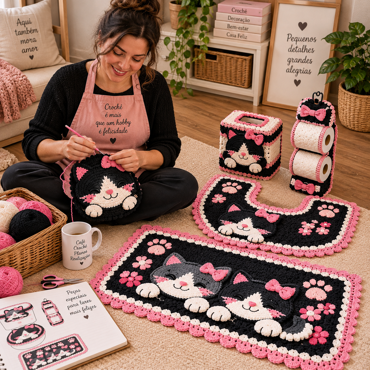 Mulher sorrindo enquanto crocheta uma peça de gatinho preto e branco com laço rosa, cercada de fios, tapetes e porta-papel em crochê