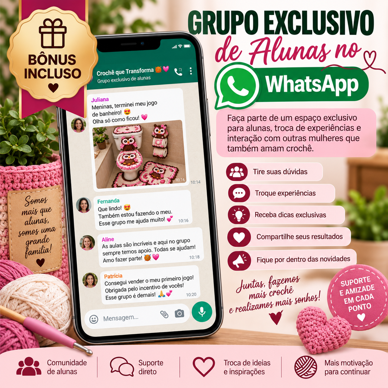 Mockup do bônus Grupo Exclusivo de Alunas no WhatsApp mostrando conversas do grupo em celular
