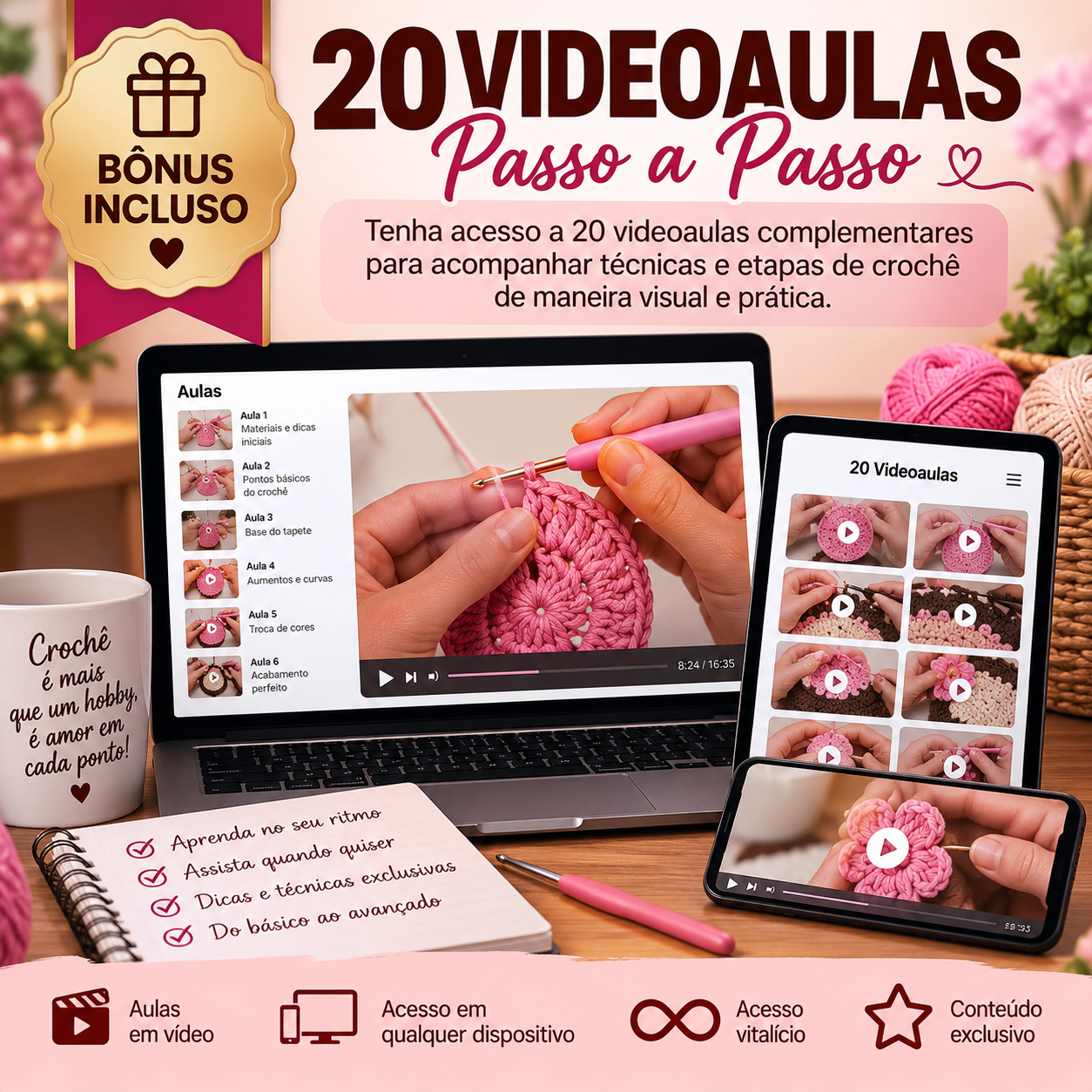 Mockup do bônus 20 Videoaulas Passo a Passo exibindo as aulas em vídeo em notebook, tablet e celular