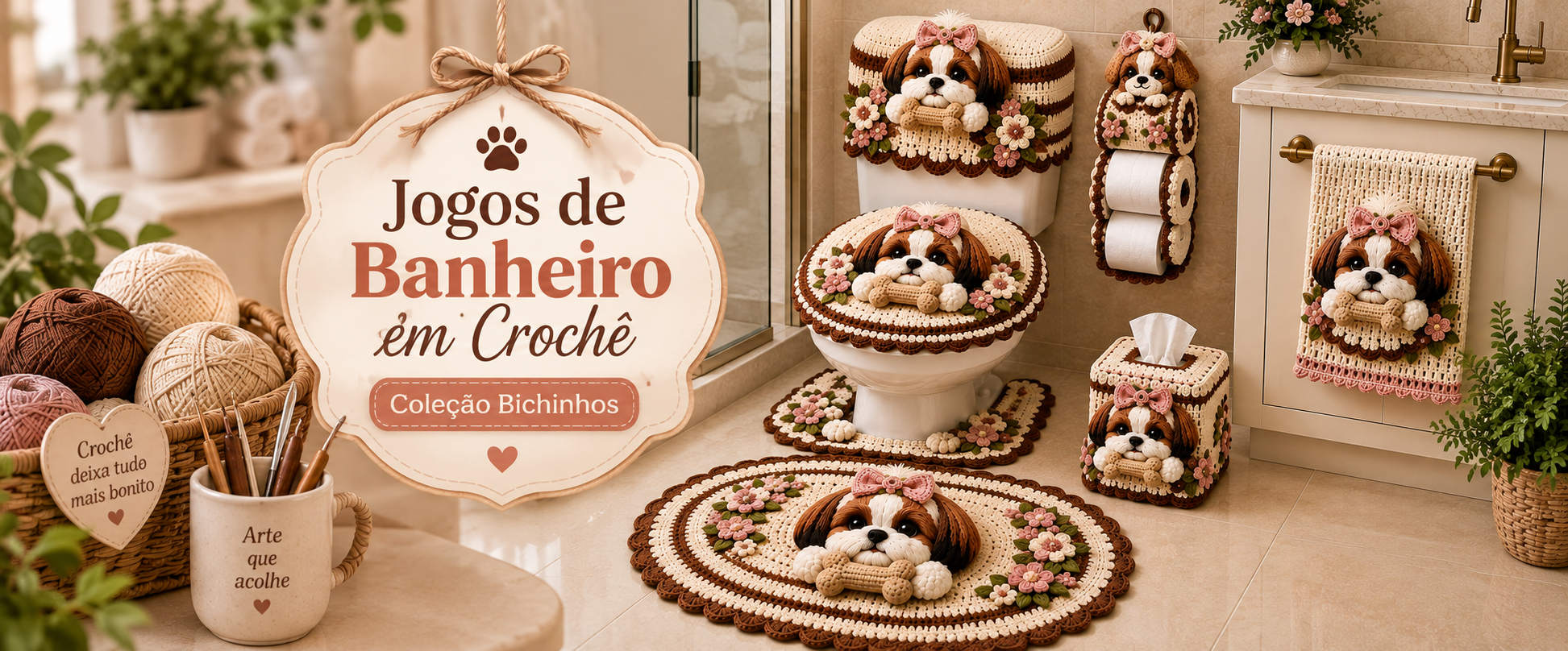 Jogos de Banheiro em Crochê — Coleção Bichinhos: conjunto de banheiro em crochê com cachorrinho