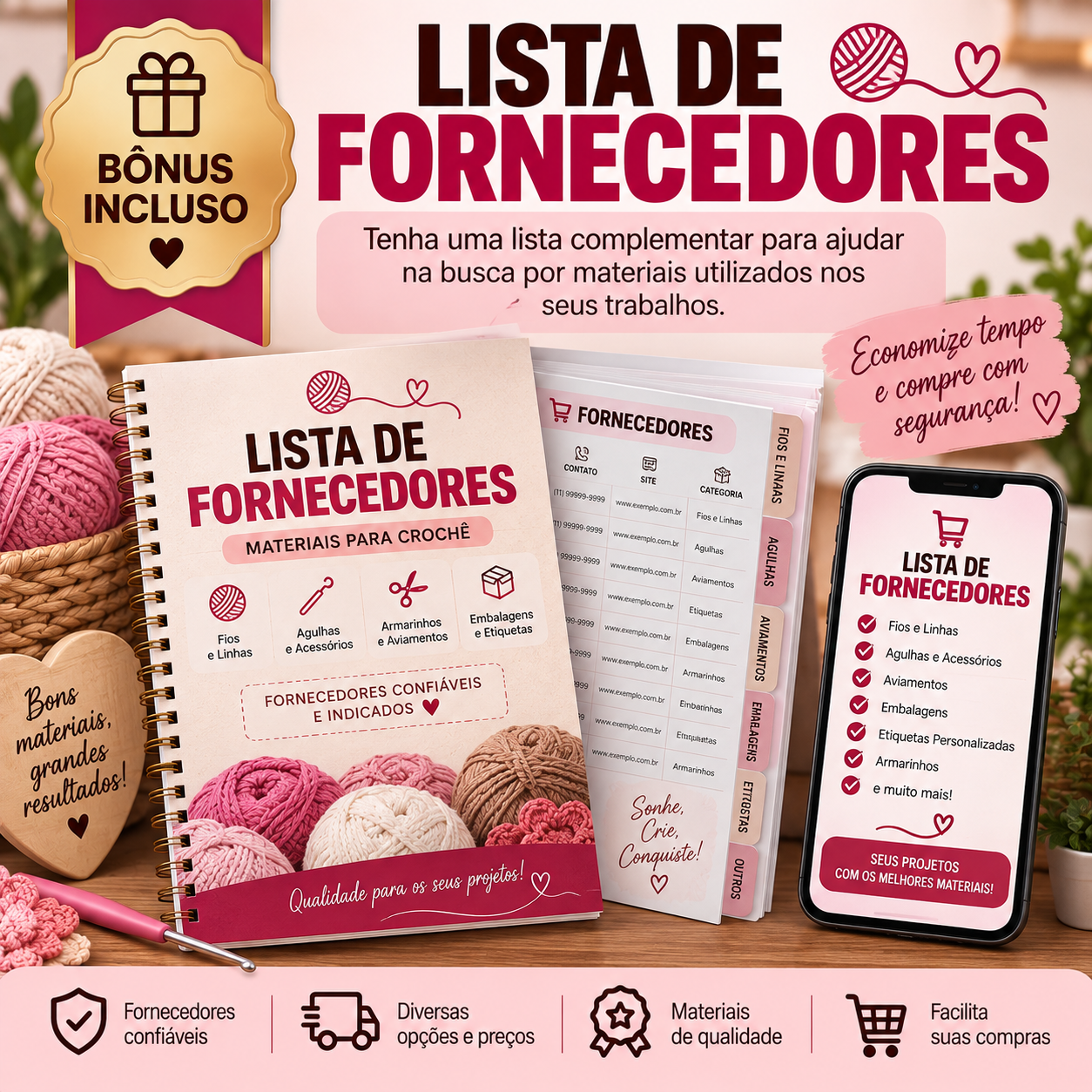 Mockup do bônus Lista de Fornecedores mostrando a lista de materiais de crochê impressa e em celular