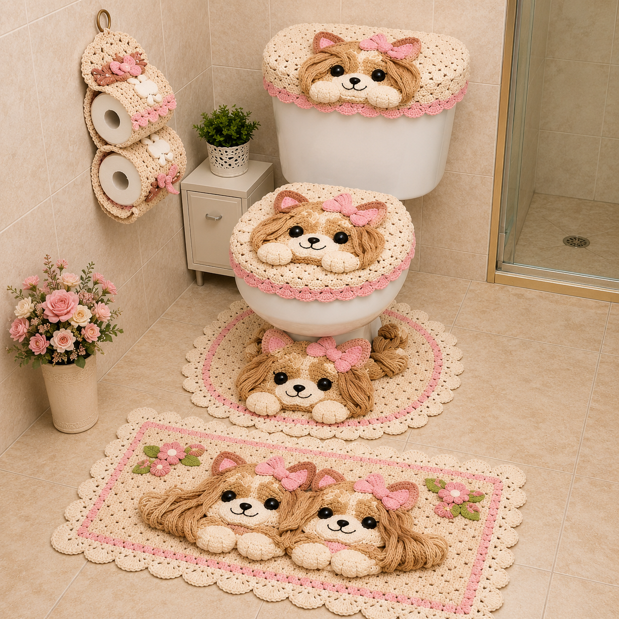 Jogo de banheiro em crochê com cachorrinhos yorkshire rosa no vaso sanitário e tapetes
