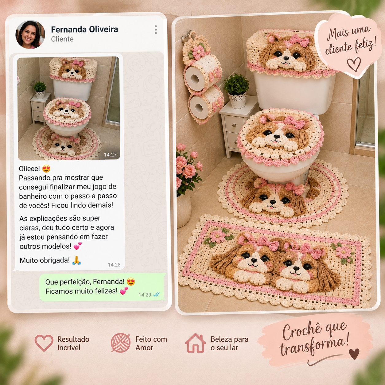 Depoimento da aluna Fernanda Oliveira mostrando o jogo de banheiro em crochê de shih tzu que ela criou
