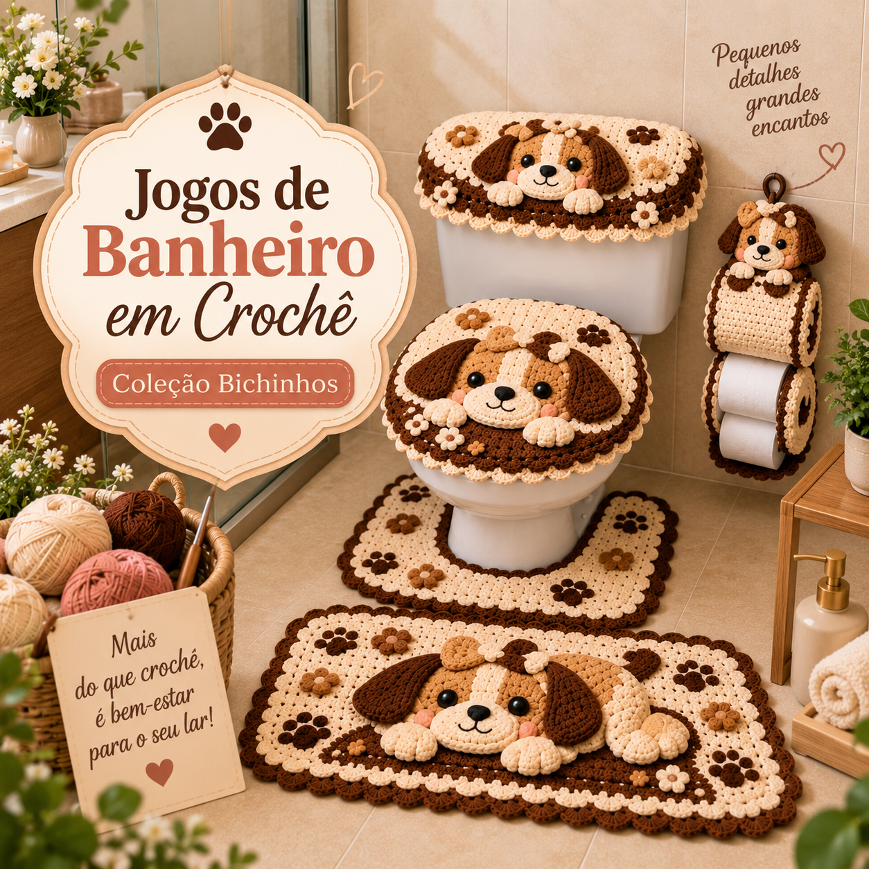 Jogos de Banheiro em Crochê — Coleção Bichinhos: conjunto de banheiro em crochê com cachorrinho
