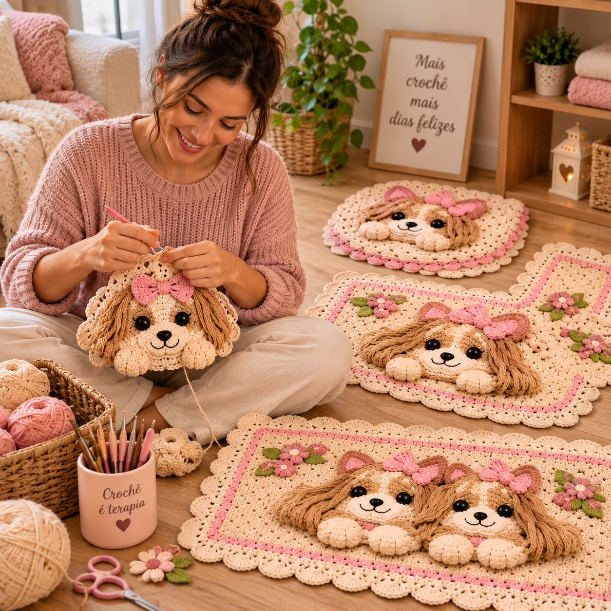 Mulher sorrindo enquanto crocheta um jogo de banheiro em crochê com cachorrinhos, cercada de peças prontas